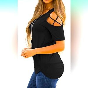 Women Short Sleeve Strappy Cold Shoulder T-Shirt Tops M